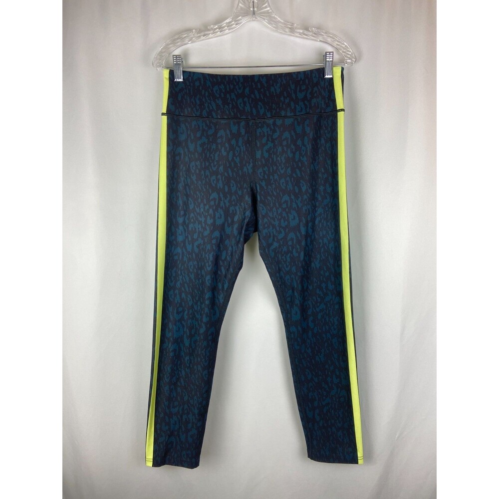 FILA Sport Womens L Capri Leggings Black Blue Cheetah Print Side Stripes Workout